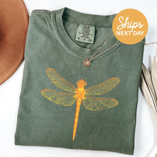 Golden Dragonfly T-Shirt: Boho Botanical Tee, Nature Lover Gift