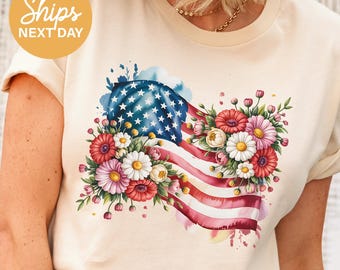 Floral American Flag T-Shirt: Patriotic 4th of July Tee