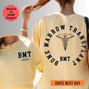 a woman wearing a yellow t - shirt with a medical symbol on it
