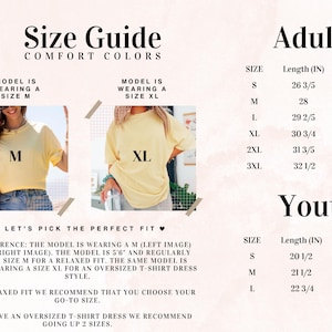 Peut inclure: Guide des tailles pour les t-shirts Comfort Colors. Comprend des tableaux des tailles adultes et jeunes avec des mesures en pouces. Des mod&egrave;les portant les tailles M et XL sont pr&eacute;sent&eacute;s. Le texte indique "Choisissons la coupe parfaite."