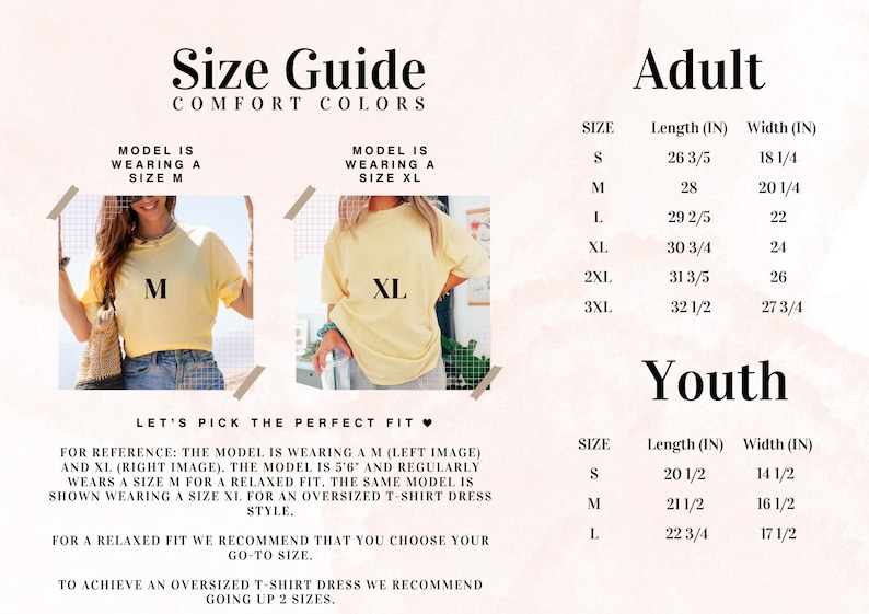 Peut inclure: Guide des tailles pour les t-shirts Comfort Colors. Comprend des tableaux des tailles adultes et jeunes avec des mesures en pouces. Des mod&egrave;les portant les tailles M et XL sont pr&eacute;sent&eacute;s. Le texte indique "Choisissons la coupe parfaite."