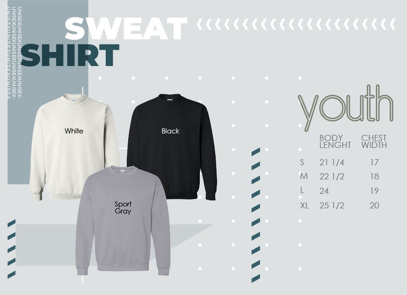 three sweatshirts with the words sweat shirt on them