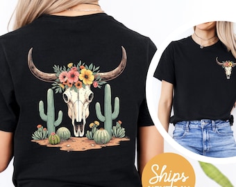 Vintage Floral Cow Skull T-Shirt: Western Style Tee