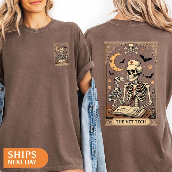 Gothic Vet Tech Tarot Shirt, Skeleton Nurse Apparel, Dark Academia Veterinary Tee