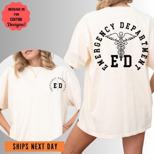 a woman wearing a white t - shirt that says emergency department ed