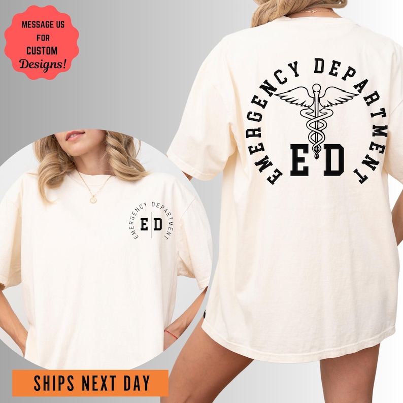 a woman wearing a white t - shirt that says emergency department ed
