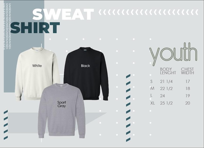 three sweatshirts with the words sweat shirt on them