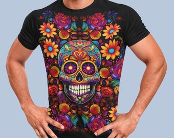 Coloré Calavera Skull Unisex Cut & Sew Tee (AOP) Jour des Morts Sugar Skull Candy Floral T-Shirt, Skull Flowers Halloween Gift Idea Shirt