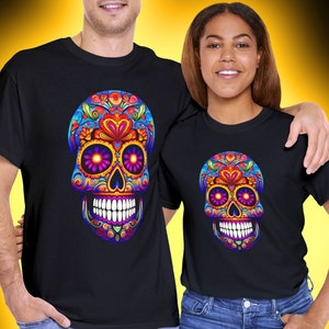 Camiseta de algodón pesado unisex con calavera floral de Halloween, camiseta con calavera de estilo mexicano Día de Halloween de la flor muerta Camisa de regalo con calavera colorida