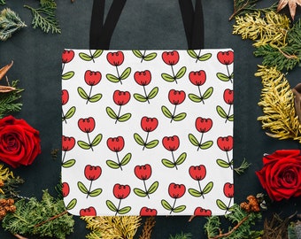 Rosy Wonderland Tote Bag: Red Floral Print, Strong Polyester Shoulder Bag
