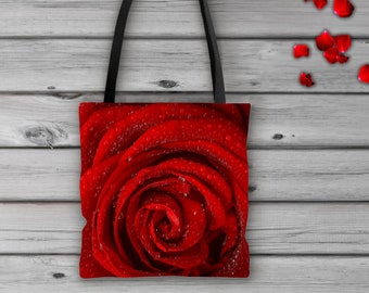 Red Rose Dewdrop Polyester Tote Bag: Romantic Floral Print