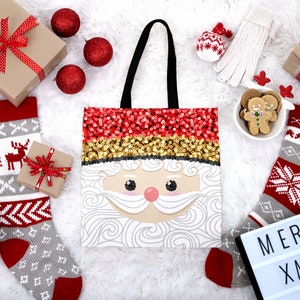 Santa Tote Bag, Reusable Tote Bag, Aop Tote Bag, Christmas Tote Bag, Over the Shoulder Tote Bag, Holiday Tote Bag, Polyester Christmas Tote