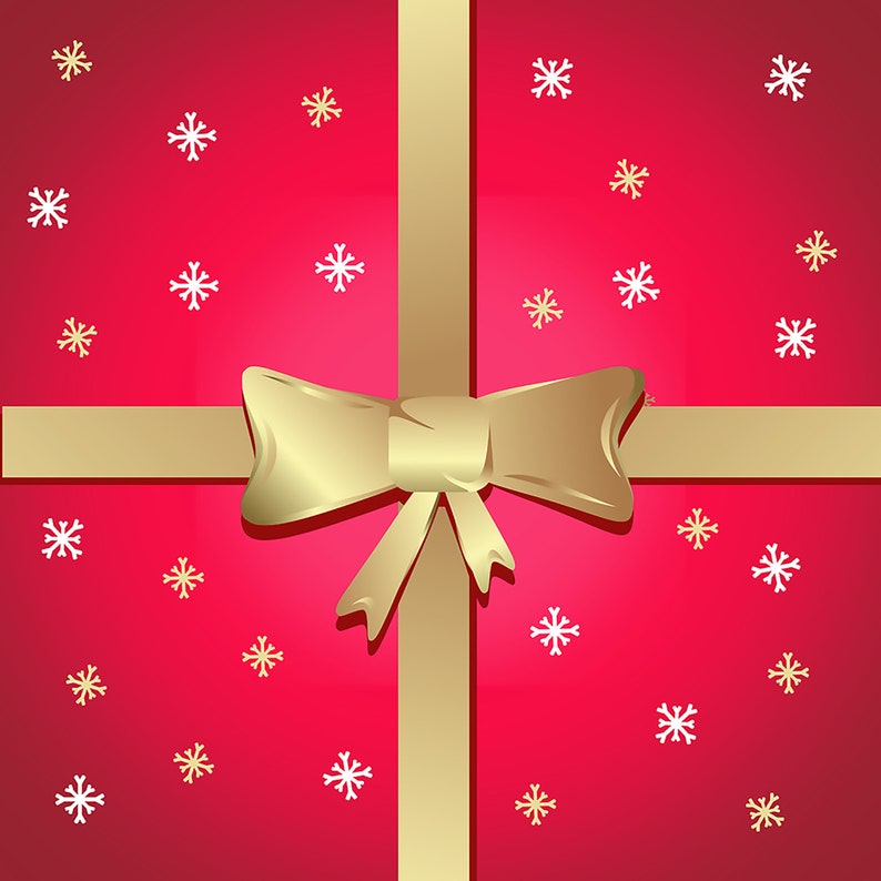 May include: A red gift box with a gold ribbon and bow. The box is decorated with white snowflakes.