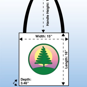 May include: A white tote bag with a green tree logo and the text "Pino's Parlor Medium Tote". The bag measures 15 inches wide, 16 inches long, 3.46 inches deep, and has 14-inch handles. It is made of 100% polyester with reinforced stitching on the handles and boxed corners.