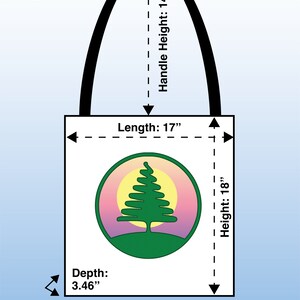 May include: A white tote bag with a green tree logo and the text "Pino's Parlor Large Tote". The bag measures 17 inches long, 18 inches high, and 3.46 inches deep. The handles are 14 inches high. The bag is made of 100% polyester and has reinforced stitching on the handles and boxed corners.