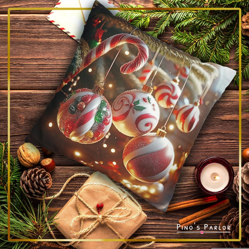 K&ouml;nnte beinhalten: Ein dekoratives Kissen mit Weihnachtsmotiv mit roten und wei&szlig;en Zuckerstangen und Kugeln in Rot, Wei&szlig; und Gr&uuml;n.
