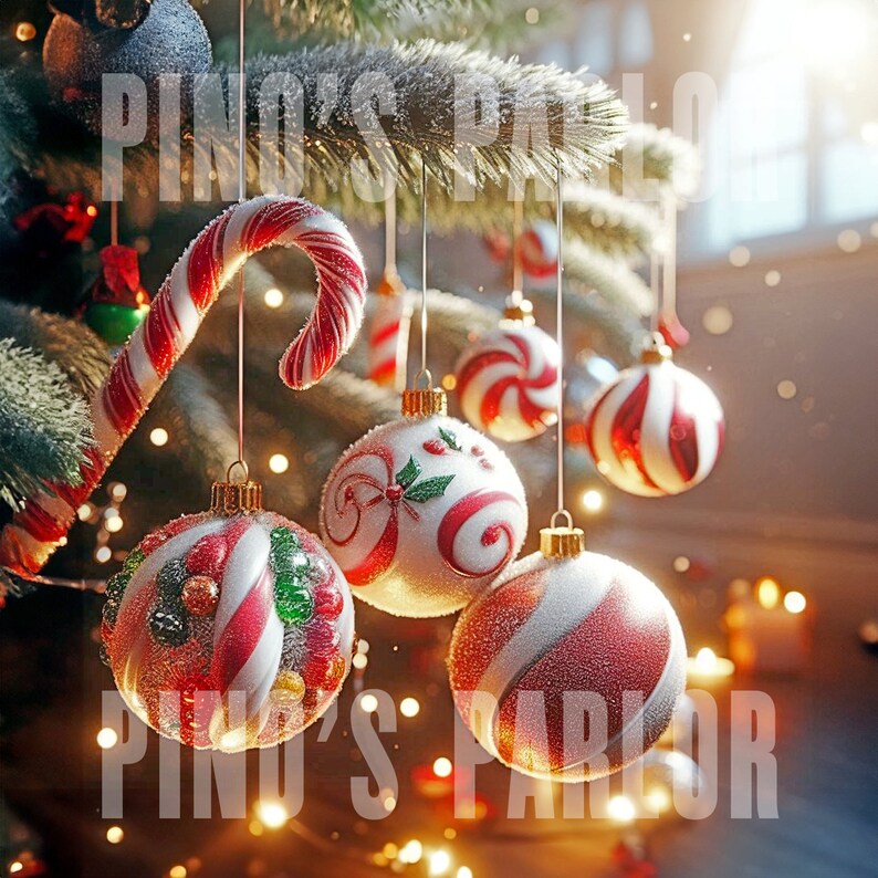 May include: A Christmas tree decorated with red and white striped candy cane ornaments, a red and white striped candy cane, and white ornaments with red and green designs.