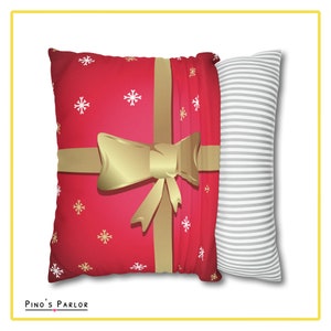 May include: Two decorative throw pillows. One pillow is red with a gold bow and white snowflakes. The other pillow is white with gray stripes. "Pino's Parlor" is printed on the bottom of the image.