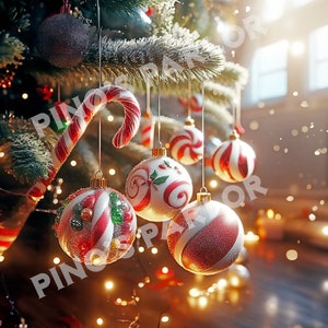 K&ouml;nnte beinhalten: Rote und wei&szlig;e gestreifte Zuckerstangen-Ornamente h&auml;ngen an einem Weihnachtsbaum mit einer roten und wei&szlig;en gestreiften Zuckerstange, die an einem Ast des Baumes h&auml;ngt.