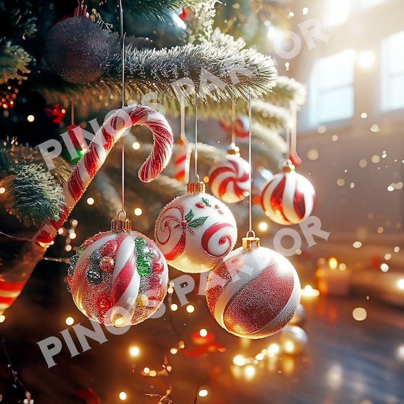 K&ouml;nnte beinhalten: Rote und wei&szlig;e gestreifte Zuckerstangen-Ornamente h&auml;ngen an einem Weihnachtsbaum mit einer roten und wei&szlig;en gestreiften Zuckerstange, die an einem Ast des Baumes h&auml;ngt.