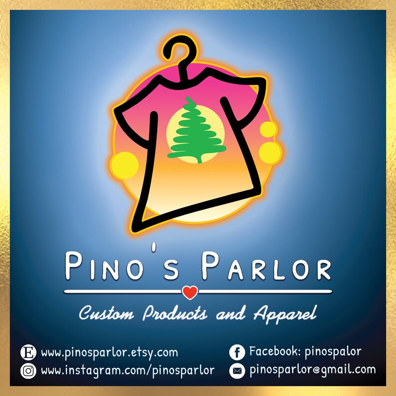 May include: A logo for a business called "Pino's Parlor" that specializes in custom products and apparel. The logo features a stylized image of a t-shirt with a pine tree on it, a heart, and the business name.