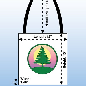 May include: A white tote bag with a green tree logo and the text "Pino's Parlor Small Tote". The bag measures 12 inches long, 13 inches high, and 3.46 inches wide. The handles are 14 inches high. The bag is made of 100% polyester and has reinforced stitching on the handles and boxed corners.