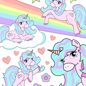 AFDRUKBARE SCHATTIGE regenboogeenhoorn SJABLOON, magisch leuk schattig kleurrijk eenhoornontwerp, instant digitale download, kaarten en notitieboekjes