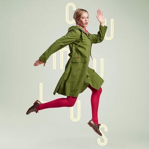 May include: A woman wearing a green hooded raincoat with a red button, pink tights, and brown shoes jumps in front of a light green background with the word "CUMULUS" written in a yellow outline.