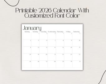 Calendario mensile stampabile 2026 con colore del carattere personalizzabile/modello di calendario minimalista