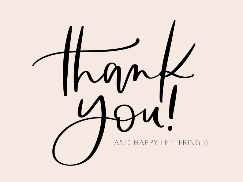 K&ouml;nnte beinhalten: Schwarz-wei&szlig;e handgeschriebene Kalligraphie, die "Danke!" sagt, mit dem Text "And Happy Lettering :)" darunter.