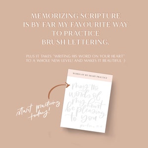 K&ouml;nnte beinhalten: Eine wei&szlig;e Karte mit den Worten "Words of My Heart Practice" oben. Die Karte enth&auml;lt ein handgeschriebenes Zitat in wei&szlig;er Tinte, das lautet "May the words of my heart be pleasing to you." Das Zitat wird von "Psalm 19:14" gefolgt. Die Karte befindet sich auf einem hellbraunen Hintergrund mit einem Pfeil, der auf die Karte zeigt, und den Worten "start practicing today!" in wei&szlig;er Tinte.