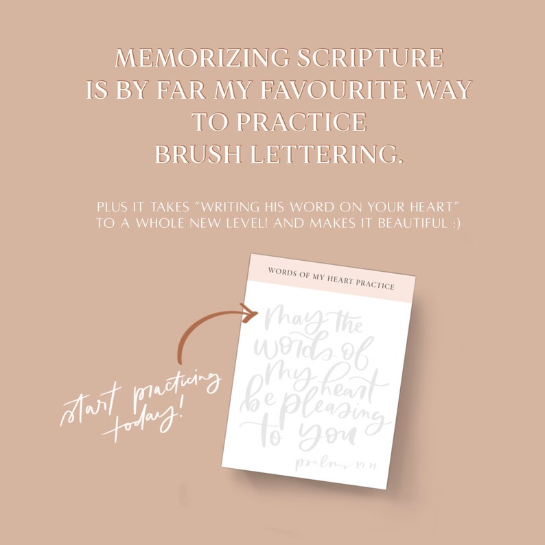 K&ouml;nnte beinhalten: Eine wei&szlig;e Karte mit den Worten "Words of My Heart Practice" oben. Die Karte enth&auml;lt ein handgeschriebenes Zitat in wei&szlig;er Tinte, das lautet "May the words of my heart be pleasing to you." Das Zitat wird von "Psalm 19:14" gefolgt. Die Karte befindet sich auf einem hellbraunen Hintergrund mit einem Pfeil, der auf die Karte zeigt, und den Worten "start practicing today!" in wei&szlig;er Tinte.