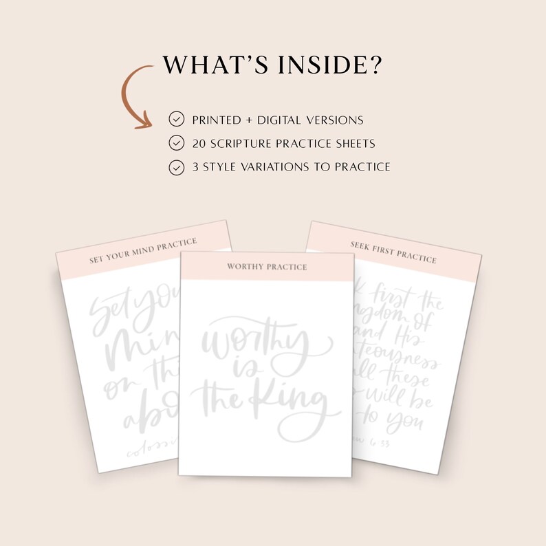 K&ouml;nnte beinhalten: Drei druckbare Schriftstudienbl&auml;tter mit verschiedenen Kalligraphiestielen. Die Bl&auml;tter zeigen die S&auml;tze "Set your mind", "Worthy is the King" und "Seek first the kingdom of..."