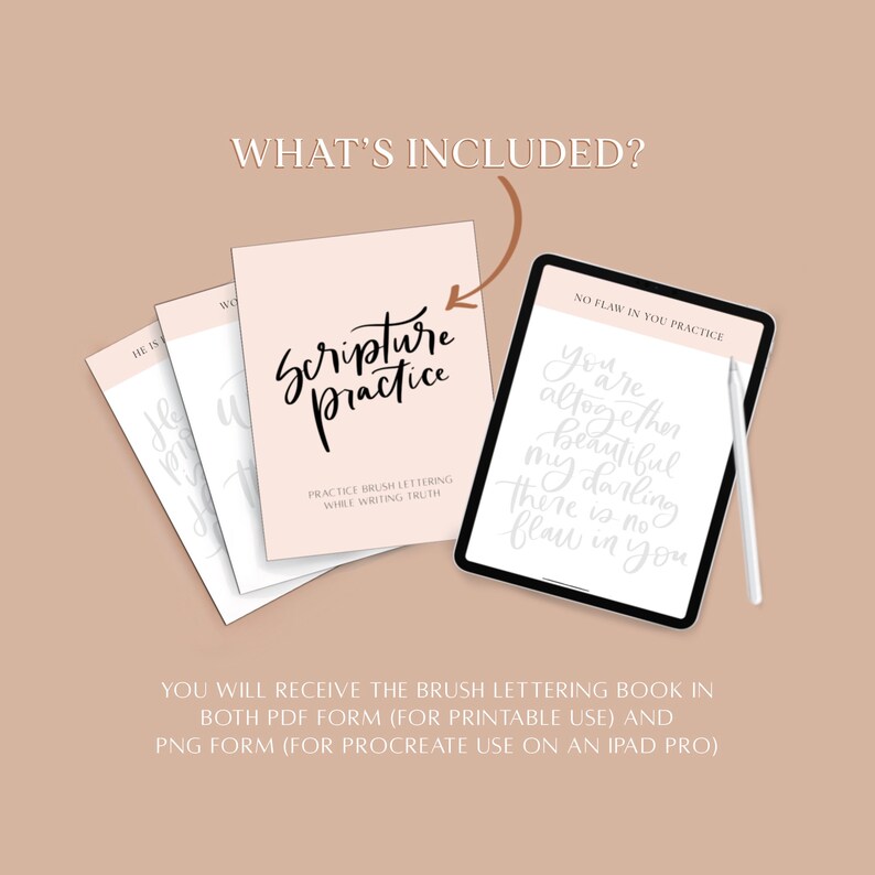 K&ouml;nnte beinhalten: Eine digitale Illustration eines Pinselschrift-&Uuml;bungsbuches mit dem Text "Scripture Practice" und einem digitalen Tablet mit dem Text "No Flaw in You Practice" und dem Text "You are altogether my beautiful darling There is no flaw in you".