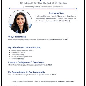 Peut inclure: Flyer de campagne pour Cindy Smith, candidate au conseil d'administration. Le flyer comprend une photo de Cindy Smith, son nom et une liste de ses priorit&eacute;s pour la communaut&eacute;. Le flyer est blanc avec du texte bleu et des &eacute;toiles.