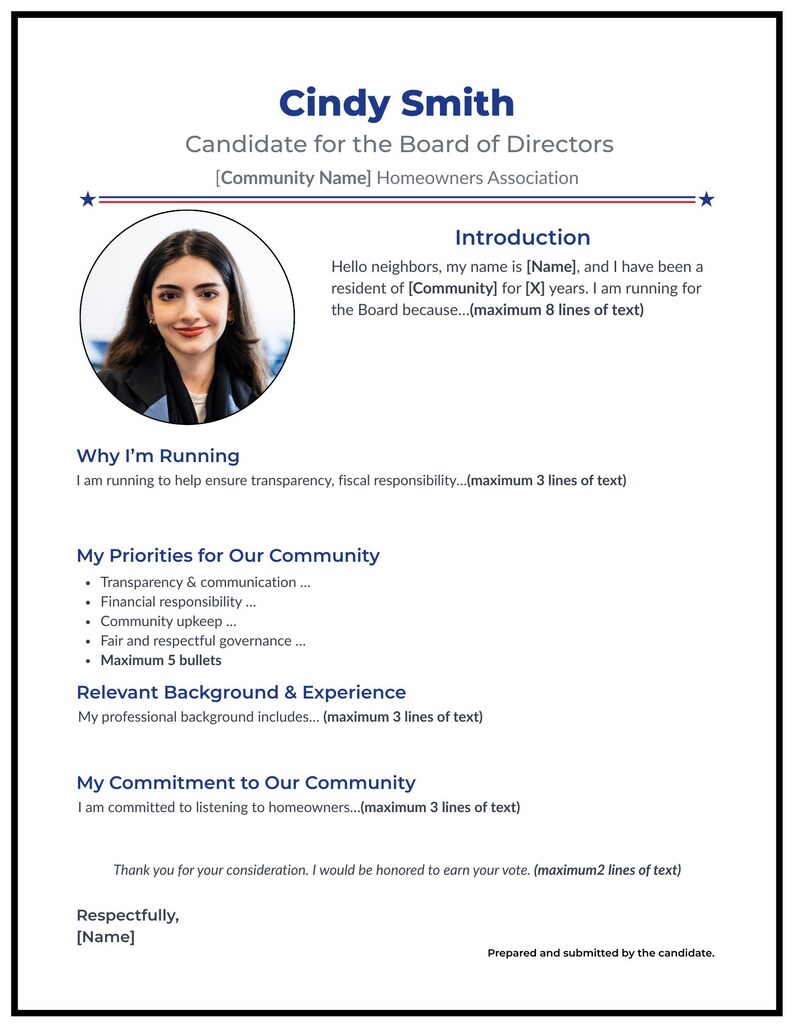 Peut inclure: Flyer de campagne pour Cindy Smith, candidate au conseil d'administration. Le flyer comprend une photo de Cindy Smith, son nom et une liste de ses priorit&eacute;s pour la communaut&eacute;. Le flyer est blanc avec du texte bleu et des &eacute;toiles.