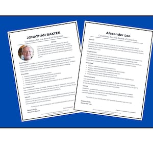 Può includere: Due documenti bianchi su sfondo blu. Il documento a sinistra è intitolato "Jonathan Baxter, Candidato al Consiglio di Amministrazione" e include una foto. Il documento a destra è intitolato "Alexander Lee, Candidato al Consiglio di Amministrazione".