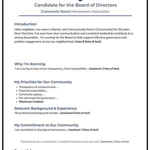 Peut inclure: Document en noir et blanc intitul&eacute; "John Bergstrom, Candidat au Conseil d'administration". Il pr&eacute;sente une introduction, des priorit&eacute;s et un engagement envers la communaut&eacute;, avec des espaces pour le texte.