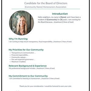 Peut inclure: D&eacute;pliant de campagne pour Sarah Johnson, candidate au conseil d'administration de l'association des propri&eacute;taires. Le d&eacute;pliant comprend une photo de la candidate, son nom et des sections d&eacute;taillant ses priorit&eacute;s et son engagement envers la communaut&eacute;.