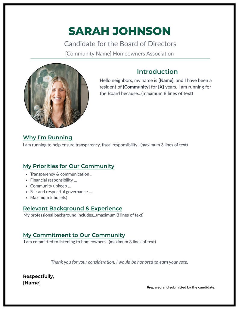 Peut inclure: D&eacute;pliant de campagne pour Sarah Johnson, candidate au conseil d'administration de l'association des propri&eacute;taires. Le d&eacute;pliant comprend une photo de la candidate, son nom et des sections d&eacute;taillant ses priorit&eacute;s et son engagement envers la communaut&eacute;.