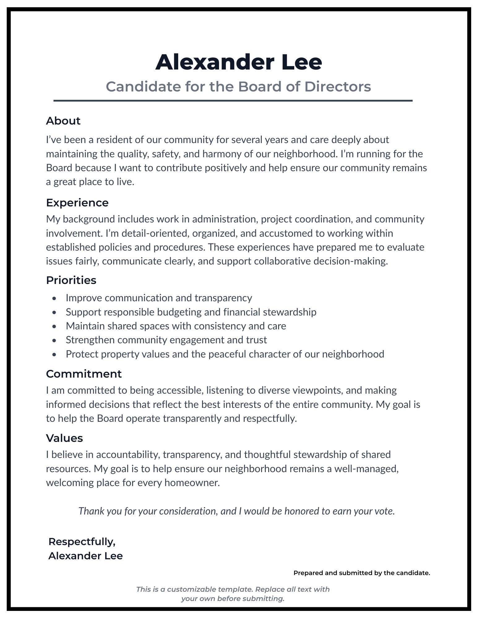 Candidate Statement Example HOA Candidate Statement Template | Editable Canva Design (PDF)