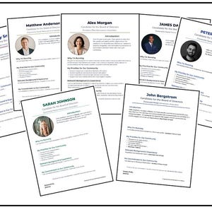 Peut inclure: Plusieurs documents blancs avec des photos et du texte. Ils sont intitul&eacute;s "Candidat au conseil d'administration" et pr&eacute;sentent des noms tels que Matthew Anderson, Alex Morgan et Sarah Johnson. Les documents se chevauchent.