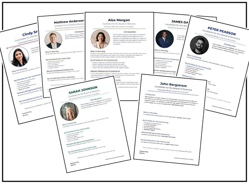 Peut inclure: Plusieurs documents blancs avec des photos et du texte. Ils sont intitul&eacute;s "Candidat au conseil d'administration" et pr&eacute;sentent des noms tels que Matthew Anderson, Alex Morgan et Sarah Johnson. Les documents se chevauchent.
