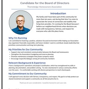 Peut inclure: D&eacute;pliant pour Jordan Taylor, candidat au conseil d'administration de l'association des propri&eacute;taires de Thorneledge. Il comprend une photo du candidat, son introduction, ses priorit&eacute;s, son exp&eacute;rience et son engagement envers la communaut&eacute;.