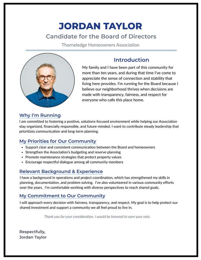 Peut inclure: D&eacute;pliant pour Jordan Taylor, candidat au conseil d'administration de l'association des propri&eacute;taires de Thorneledge. Il comprend une photo du candidat, son introduction, ses priorit&eacute;s, son exp&eacute;rience et son engagement envers la communaut&eacute;.