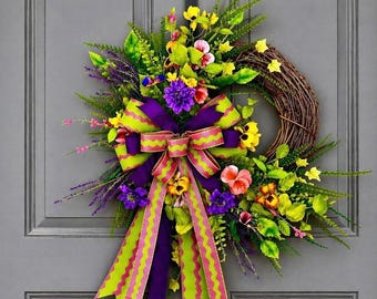 Summer Front Door Wreath;  Purple Spring Front Door Wreath, Bright Floral Wreath, Colorful Summer Wreath, Whimsical Home Decor,