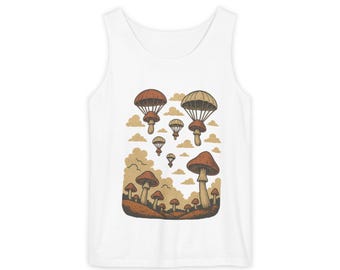 Parachuting Mushroom Tank Top: Whimsical Naturecore Sleeveless Shirt