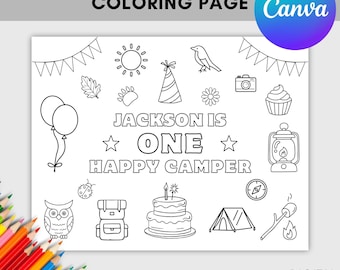 Personalized One Happy Camper Coloring Page | First Birthday Party Activity | Camping Birthday Printable | Custom Name Coloring Sheet | A002