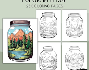 Kolorowanki "Słoik leśny" dla dorosłych, kolorowanka do druku dla dzieci, aktywność przyrodnicza, minimalistyczny krajobraz na świeżym powietrzu, pobieranie cyfrowe