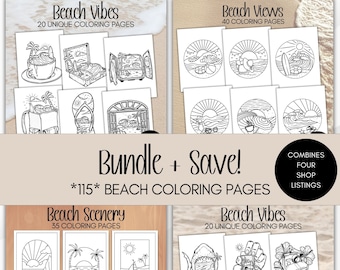 Pagine da colorare sulla spiaggia, stampabili, pacchetto di disegni da colorare estivi, libro da colorare sulla spiaggia, minimalista, download digitale per adulti, attività per bambini